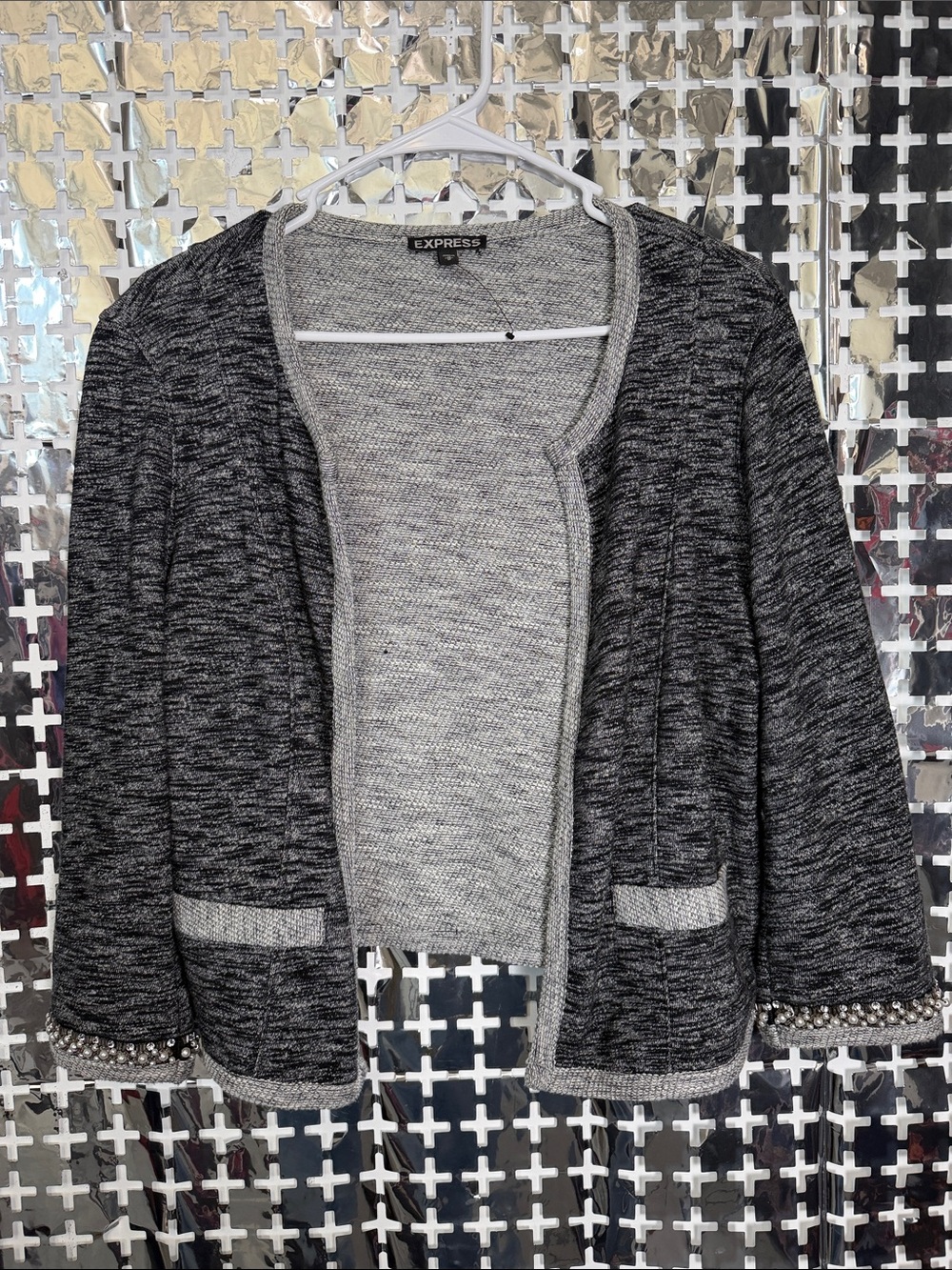 Express Women's Black & Gray Open-Front Knit Cardigan Sweater